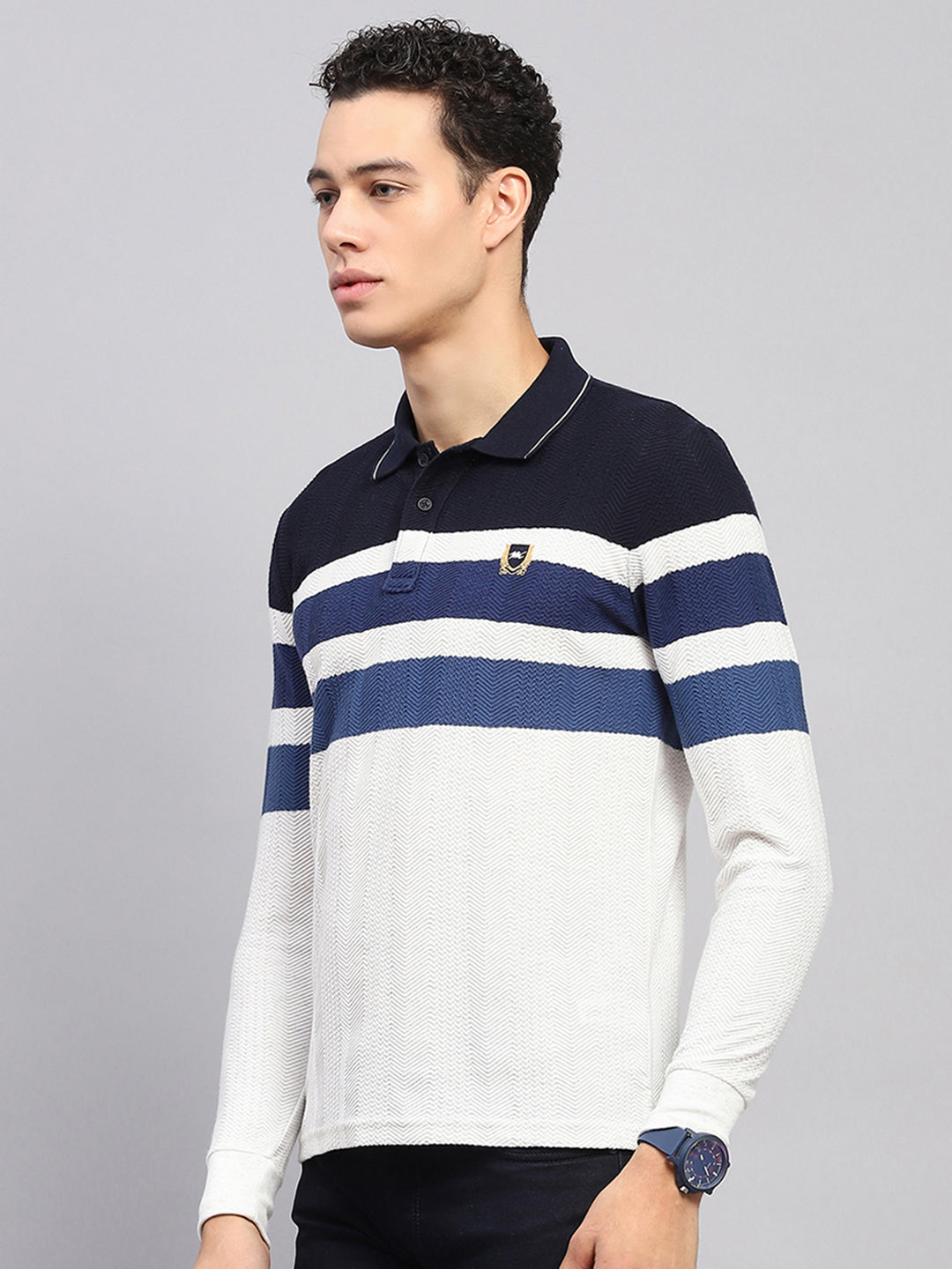 Men White & Blue Stripe Collar Full Sleeve Winter T-Shirt