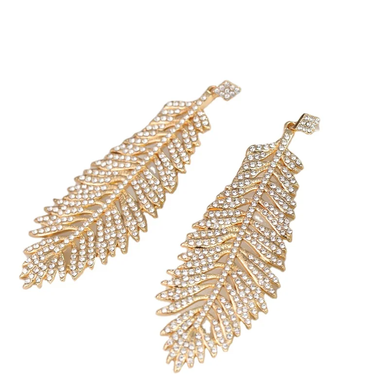 Creative Large Leaf and Rhinestone Pendant Earrings Fashion Women's Feather Jewelry