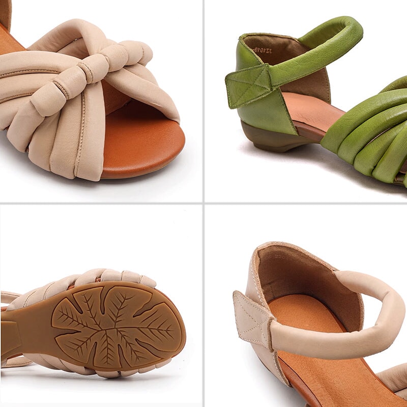 Handmade Leather Woven Peep Toe Roman Sandals with Velcro Strap in Green/Apricot