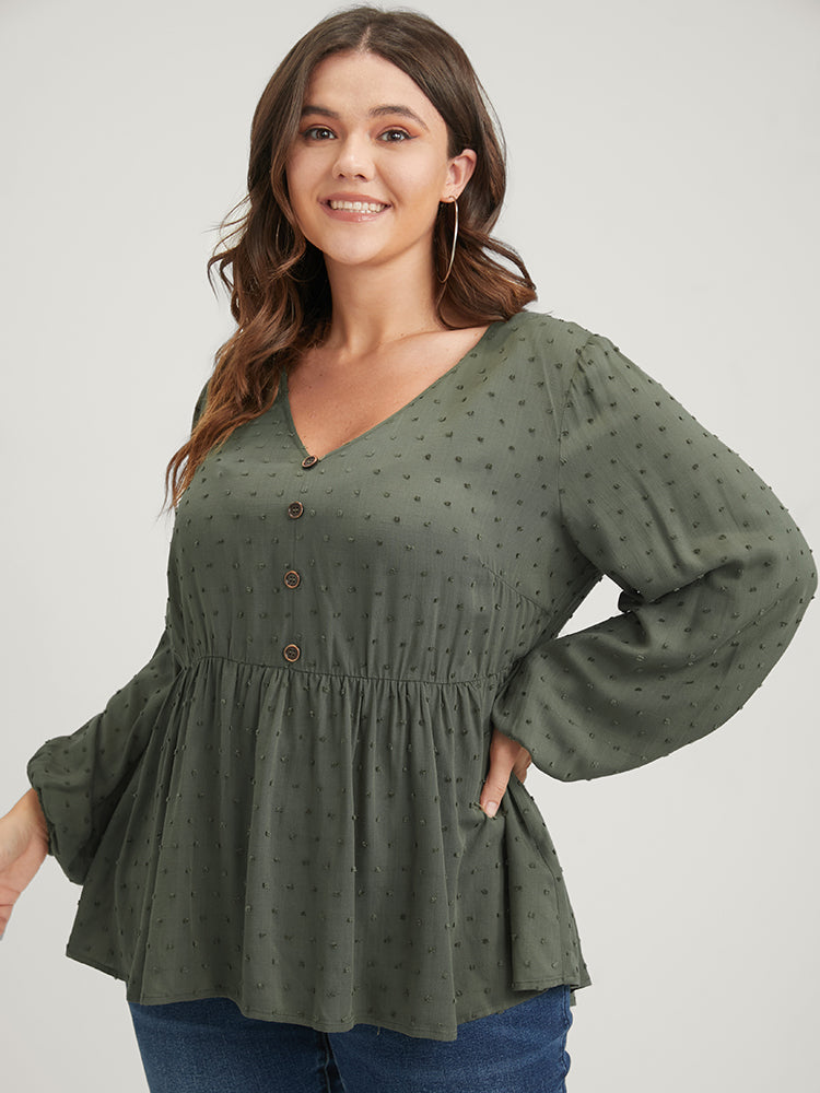 Polka Dot Flutter Button Detail Lantern Sleeve Blouse