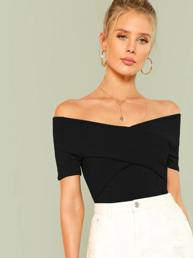 Ribbed Off-the-Shoulder Crisscross Top( Clearance sale