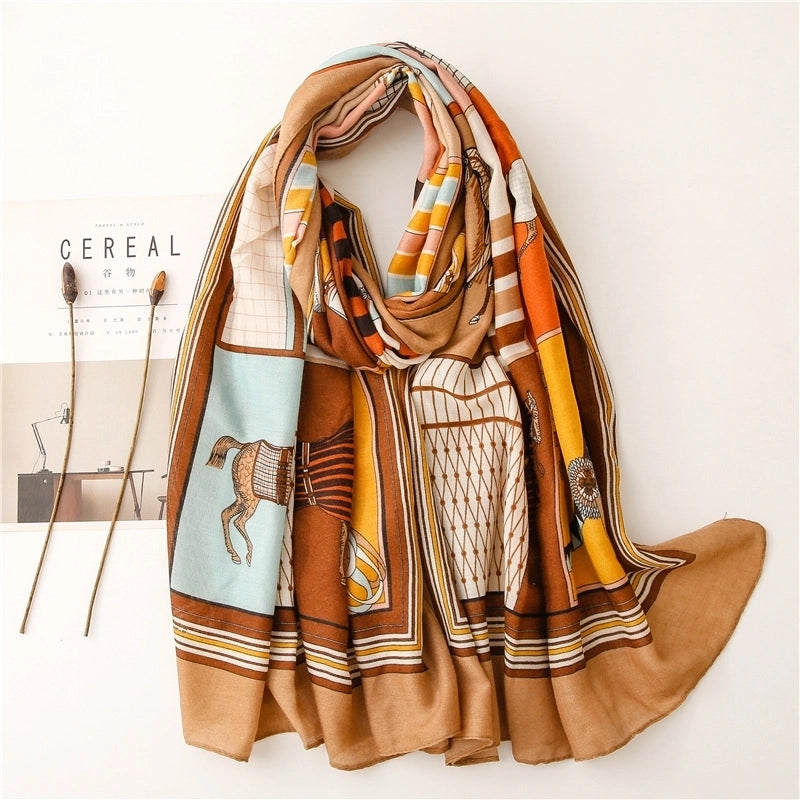 Autumn Carriage Printing Sunscreen Shawl Silk Scarf