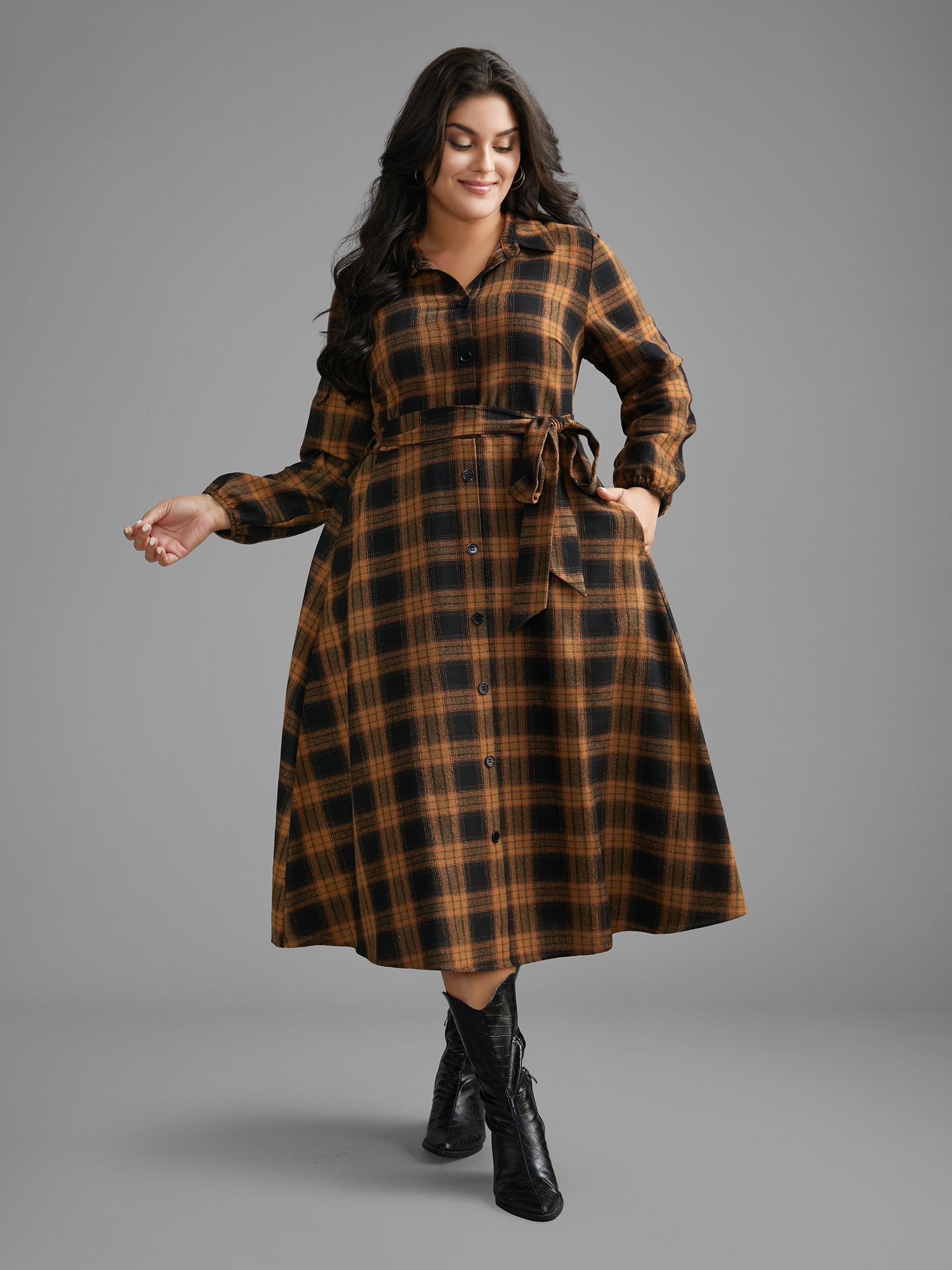 Shirt Collar Plaid Belted Midi Dress