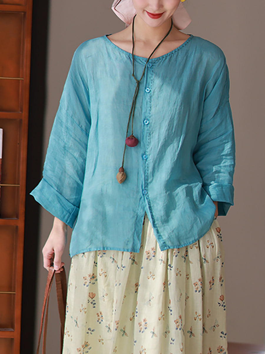 Women Summer Artsy Pure Color O-Neck 100%Ramie Shirt