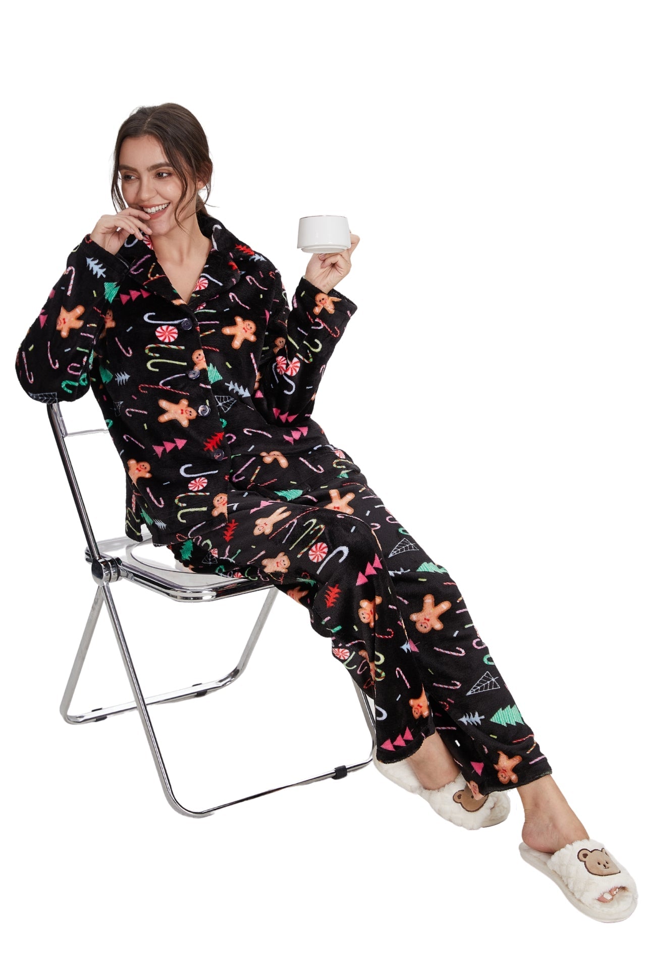 Plush Loungewear Pajama Set Gingerbread Pattern