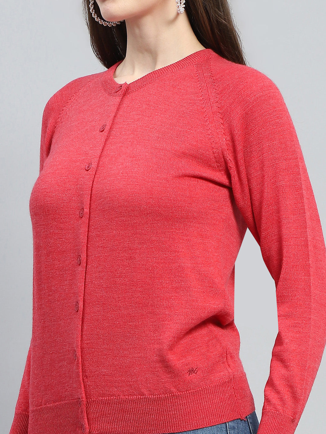 Women Red Solid Round Neck Full Sleeve Cardigan