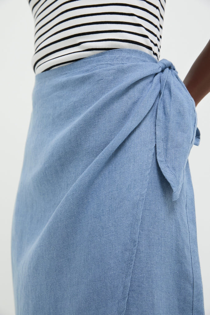 Channel Blue Delave Linen Tie Wrap Skirt