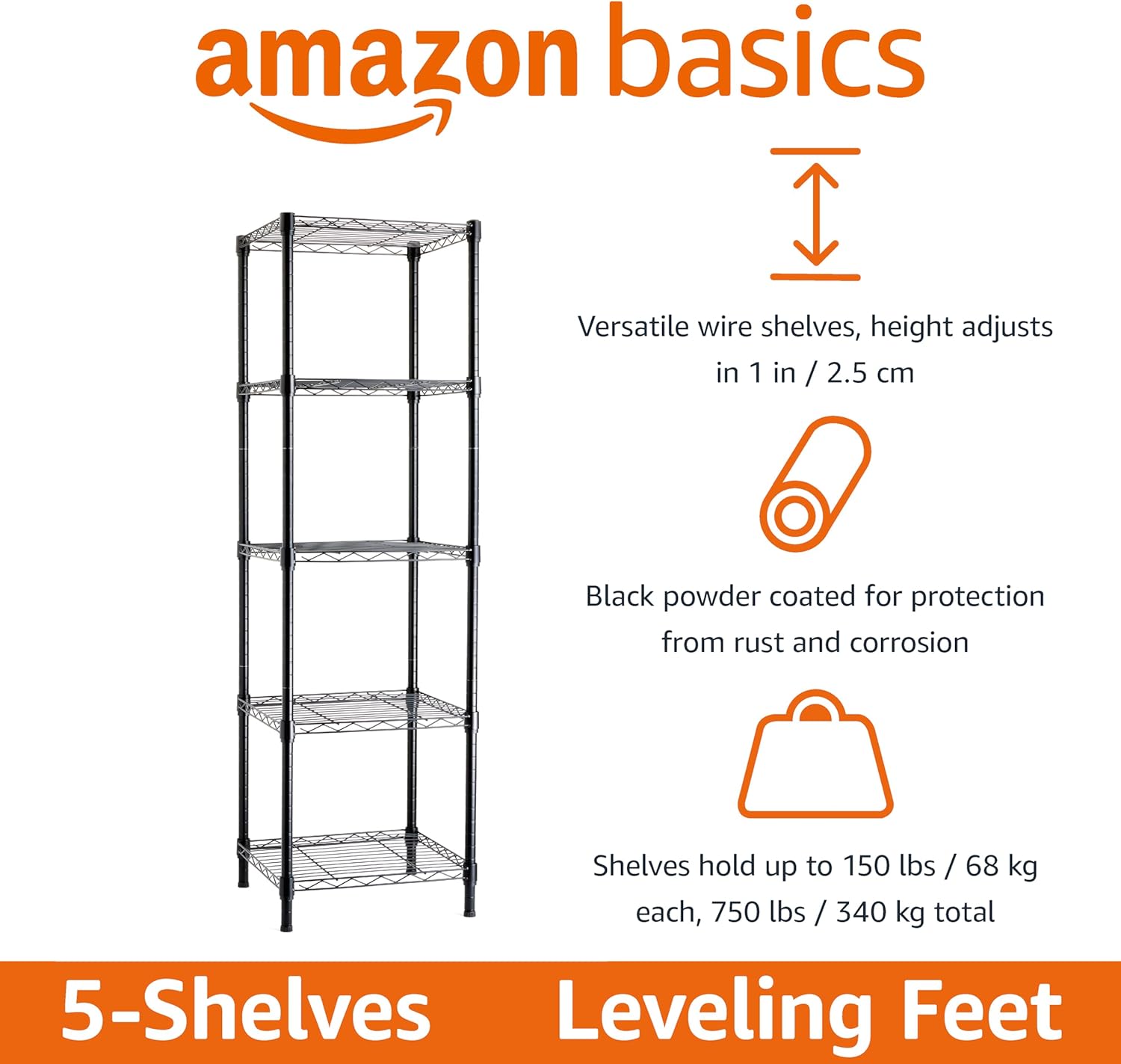 Amazon Basics 4-Shelf Steel Wire Storage Rack, Adjustable, Sturdy, Easy Assembly, 13.4 D x 23.2 W x 48 H in, Black