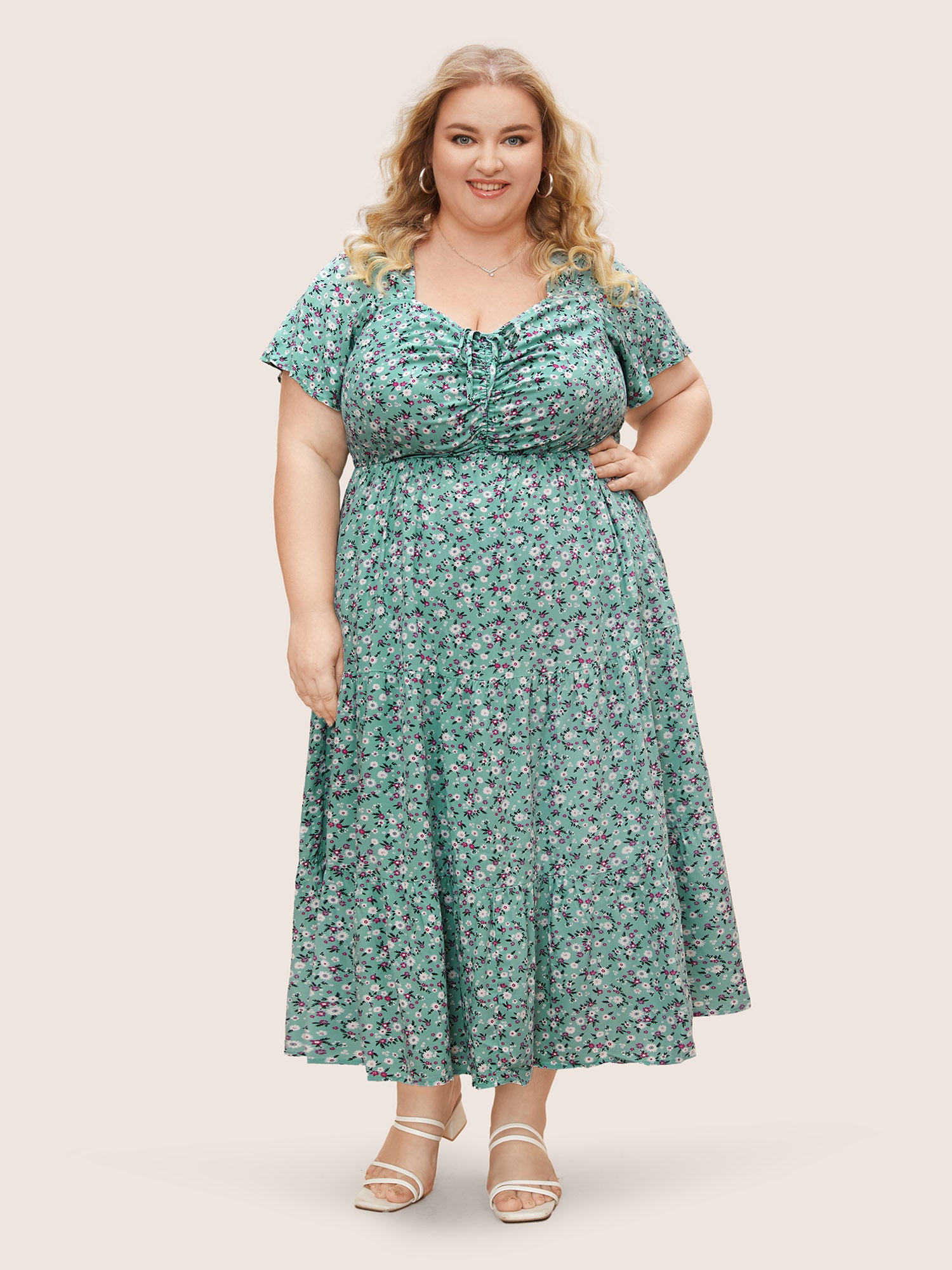 Ditsy Floral Drawstring Ruched Pocket Ruffle Tiered Dress