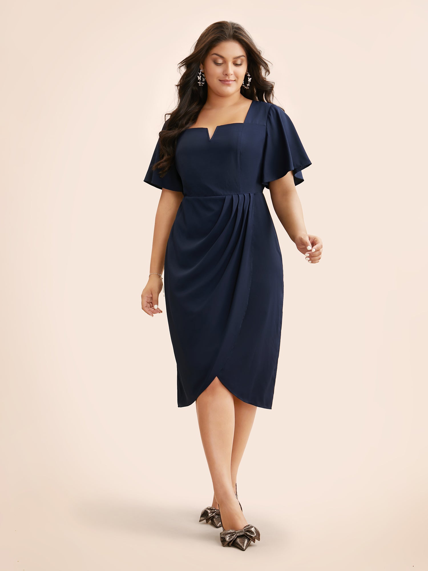 Notched Collar Pleated Ruffle Sleeve Dress