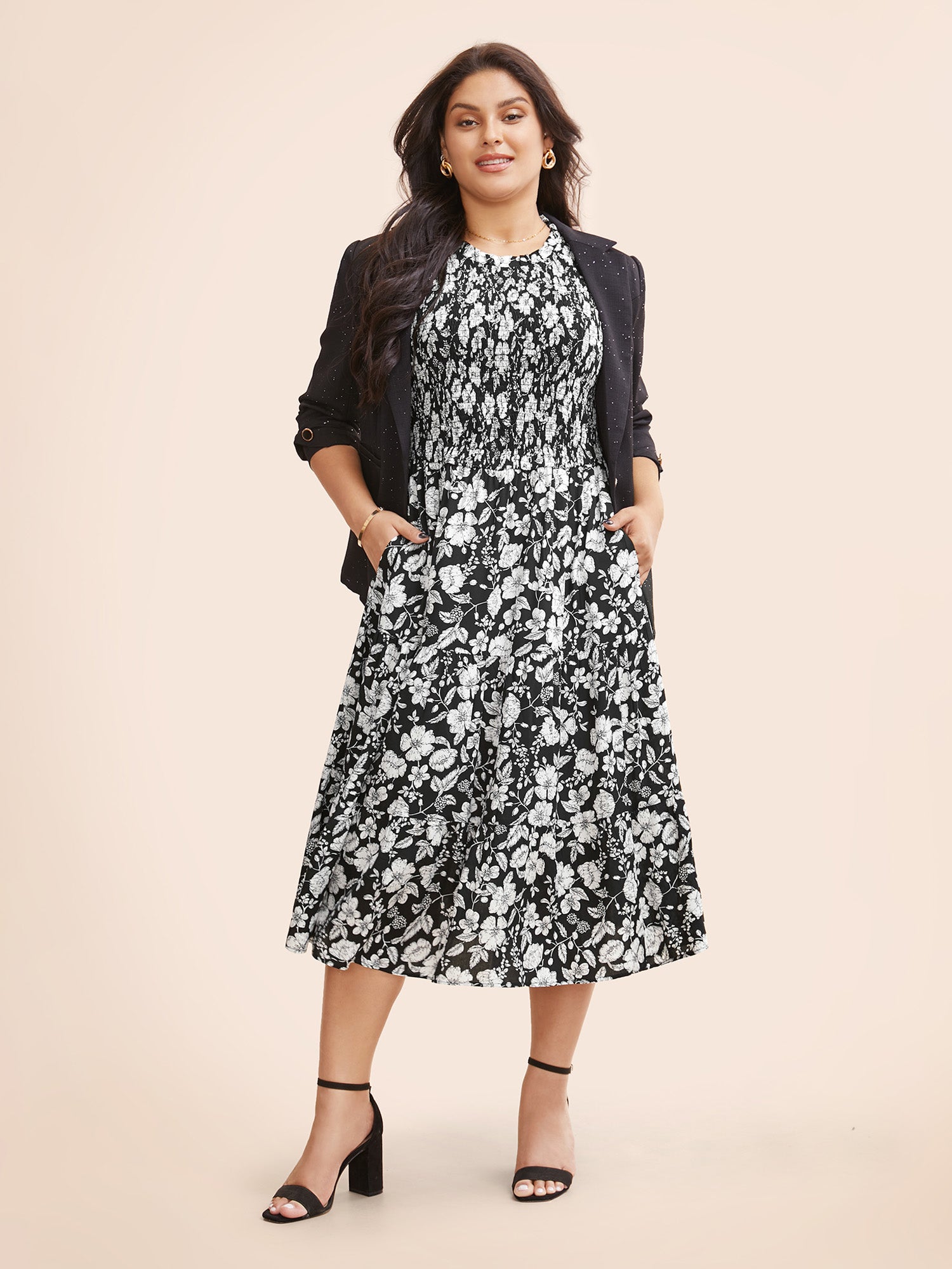 Floral Print Shirred Sleeveless Midi Dress