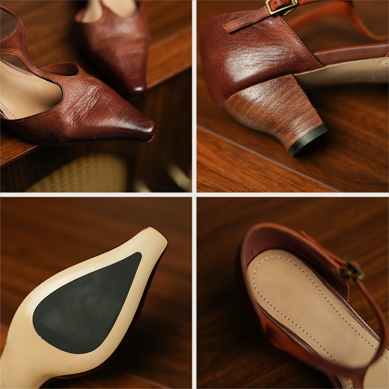 Women's 50mm Block Heel Leather T-strap Mary Jane Shoes For Summer in Brown/Black