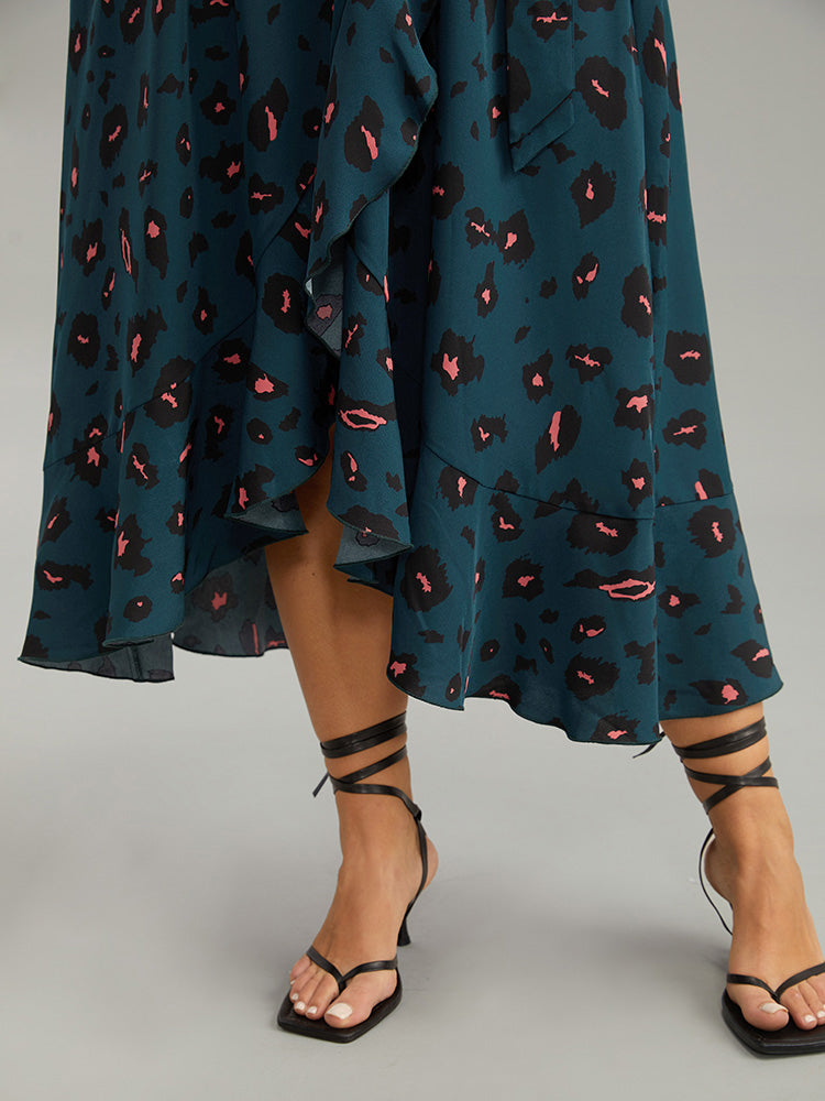 Allover Print Surplice Neck Flutter Trim Dress