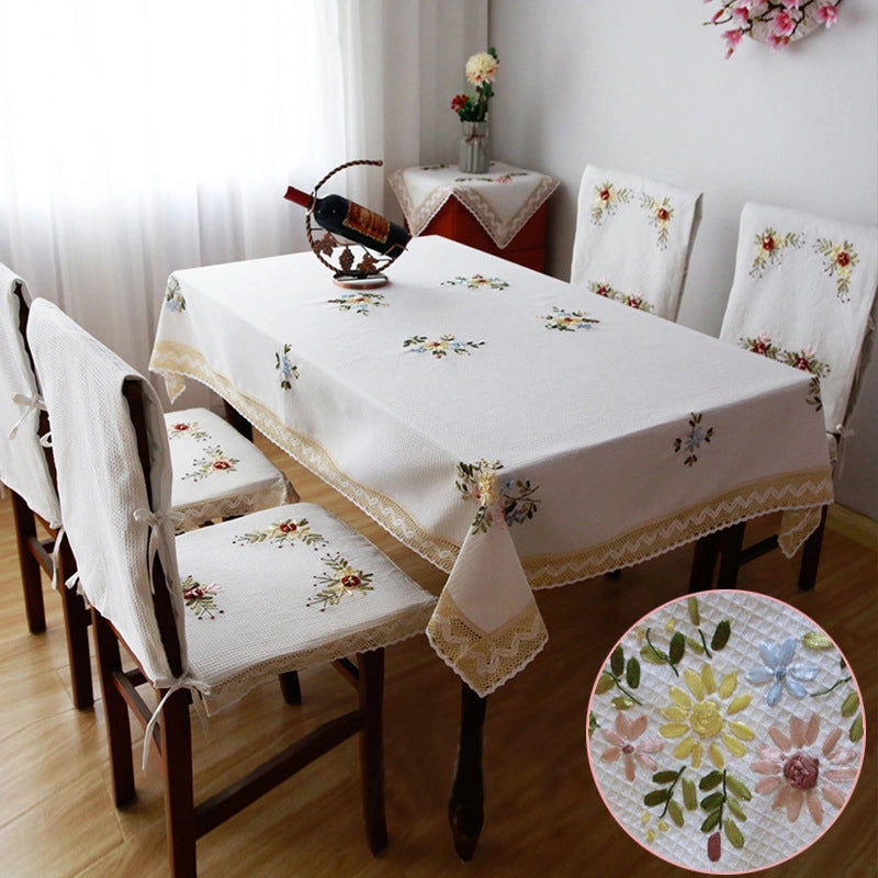 Dining Table Cloth Fabric Cotton Linen Rectangular Pastoral Tablecloth Ribbon Embroidered Small Fresh Simple Round Table Household Coffee Table Cloth