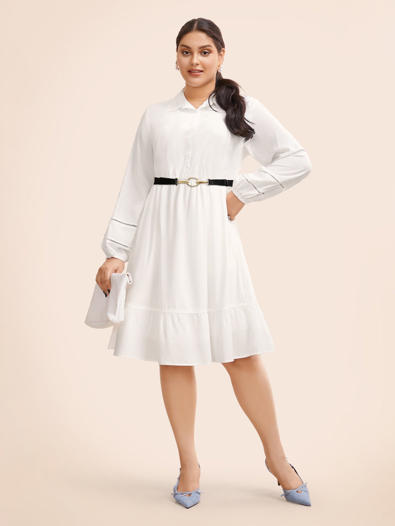 Shirt Collar Button Detail Woven Ribbon Dress