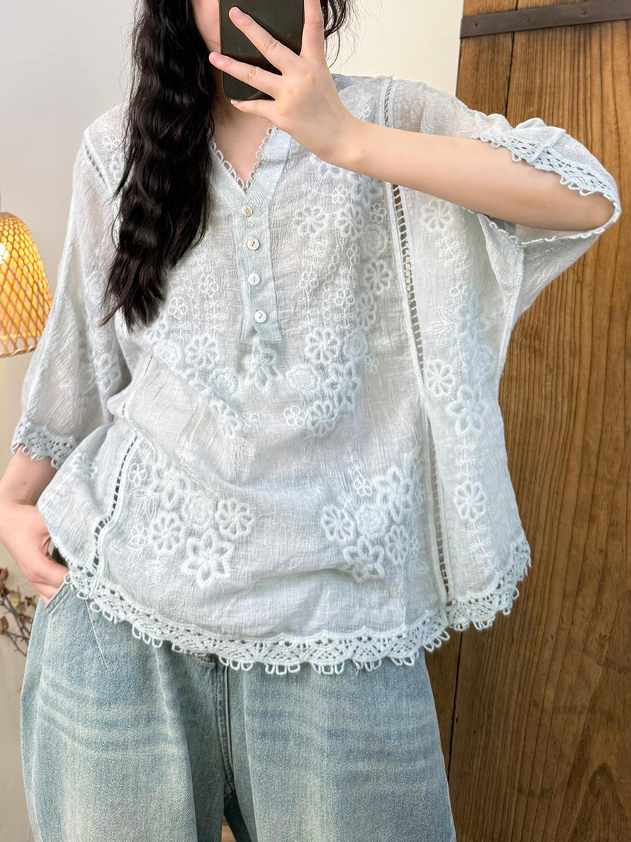 Women Summer Artsy Embroidery Flower Ramie V-Neck Shirt