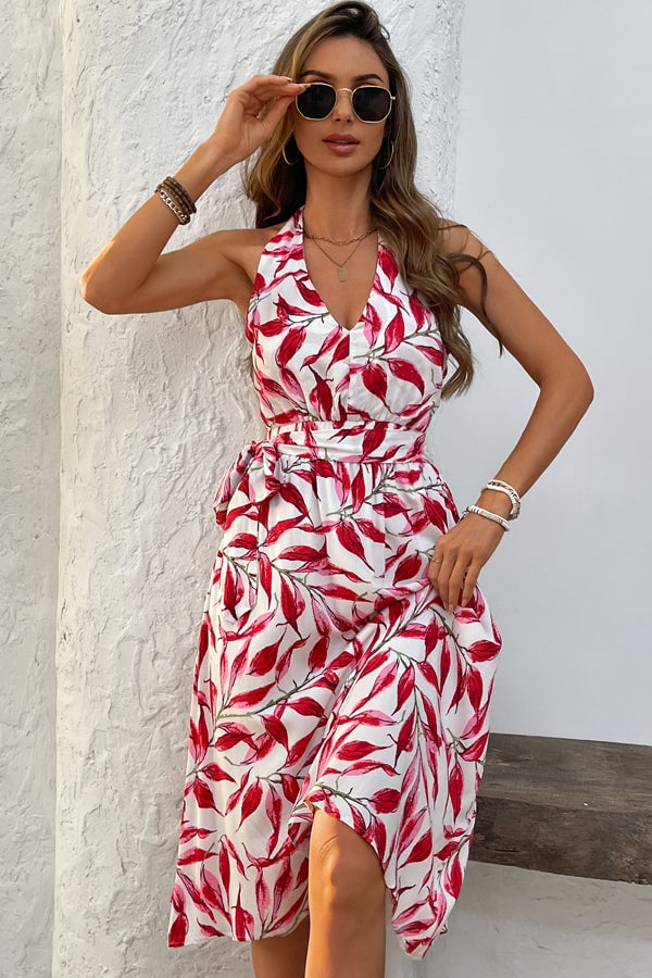 Fashion V Neck Tie Waist Midi Dress