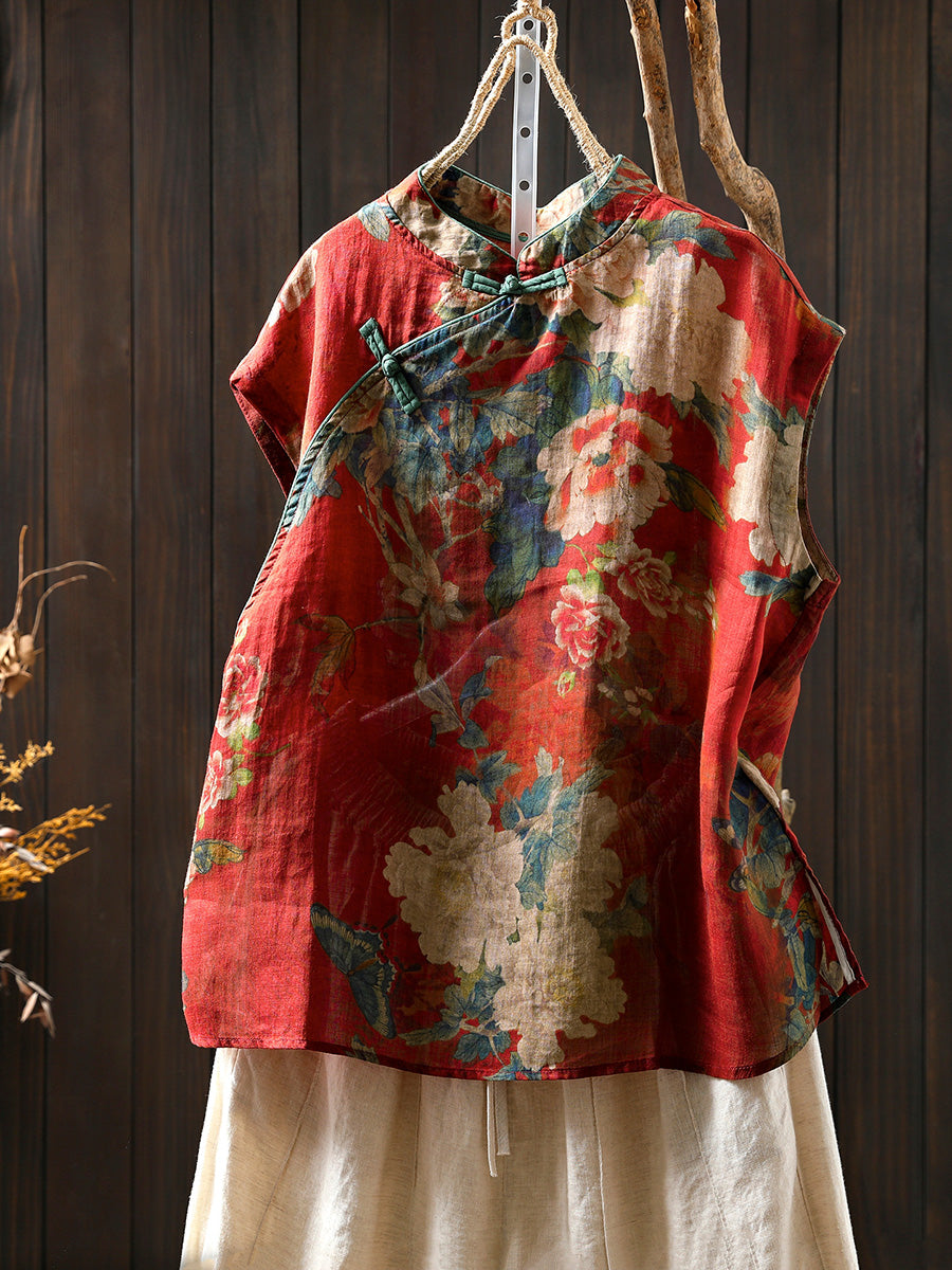 Women Summer Floral 100%Ramie Stand Collar Shirt