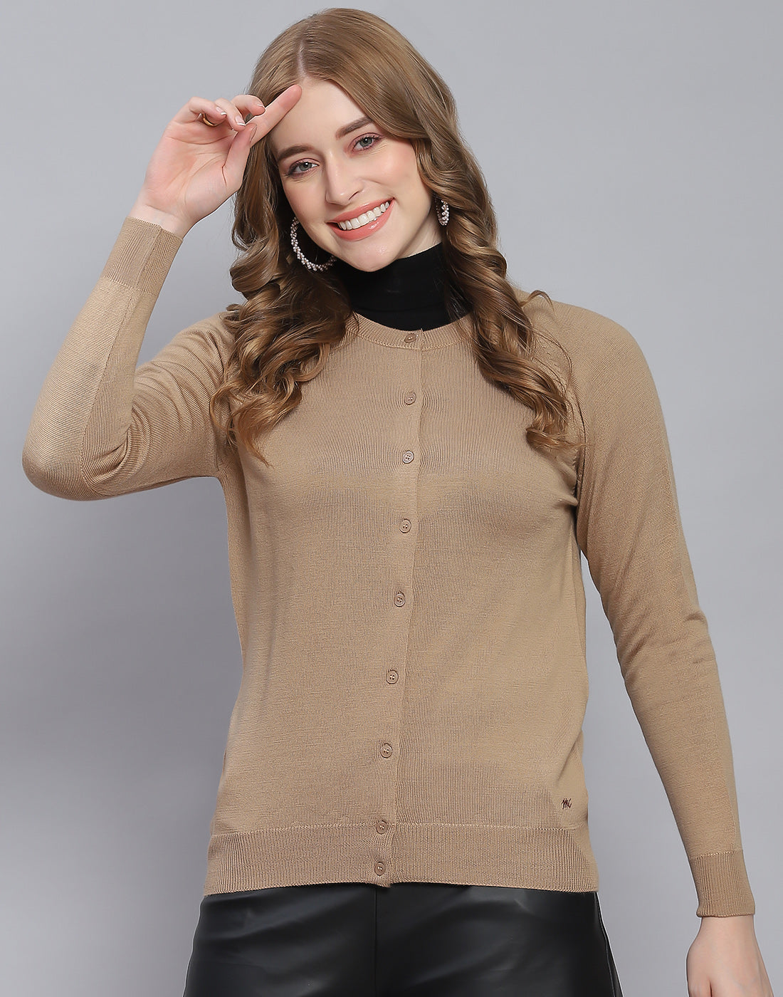 Women Brown Solid Round Neck Full Sleeve Cardigan