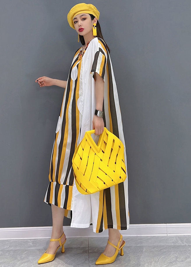 Chic Yellow Asymmetrical Striped Print Patchwork Cotton Maxi Dresses Short Sleeve Summer