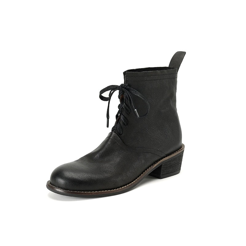 Retro Sheepskin Lace-Up Ankle Boots 40mm Block Heel Martens Boots Grey/Black/Encore Red