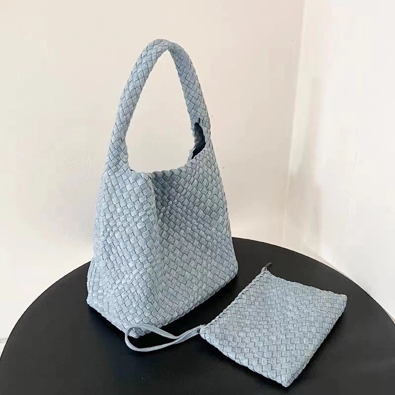 Women's Denim Solid Color Classic Style Weave Bucket Open Shoulder Bag