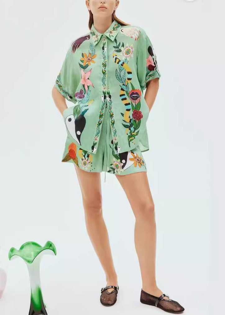 Bohemian Green Print Elastic Waist Shirts And Shorts Linen Two Piece Set Summer