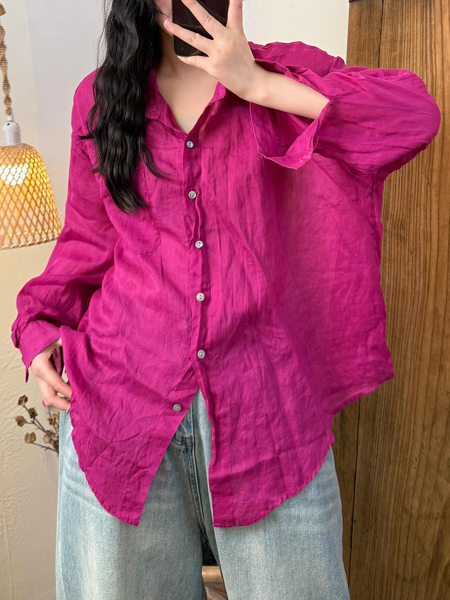 Women Summer Artsy Pure Color Ramie Turn-down Collar Shirt