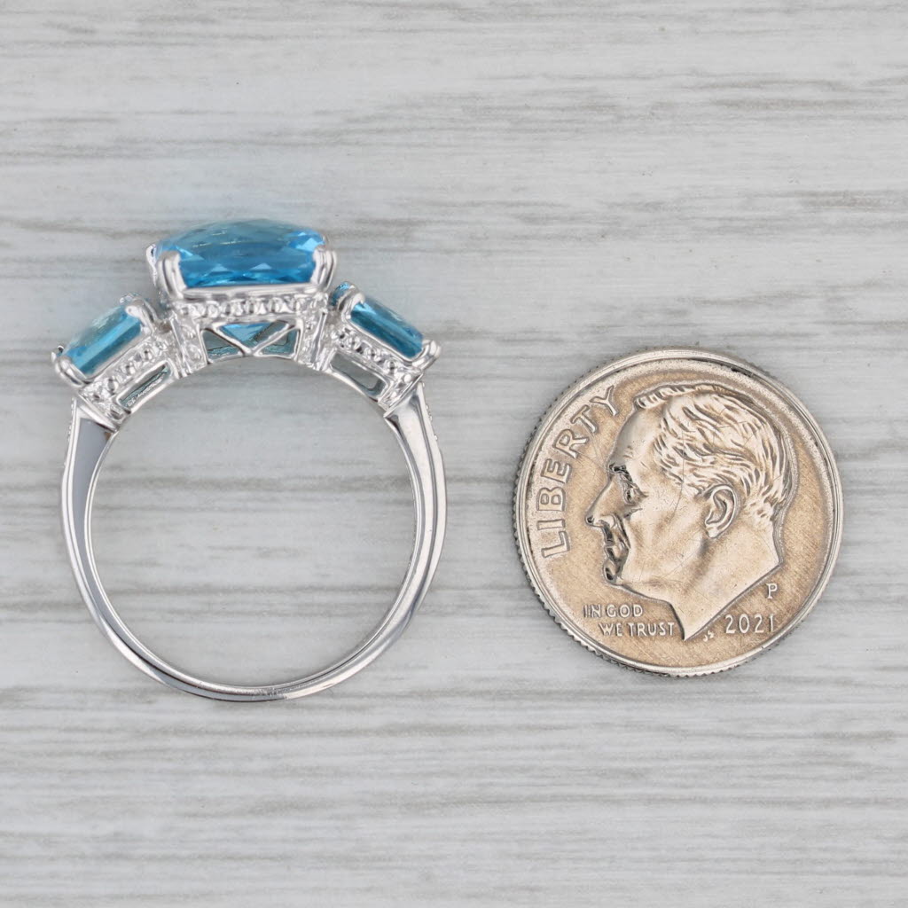 6.37ctw Blue Topaz 3-Stone Ring 10k White Gold Size 7 Diamond Accents