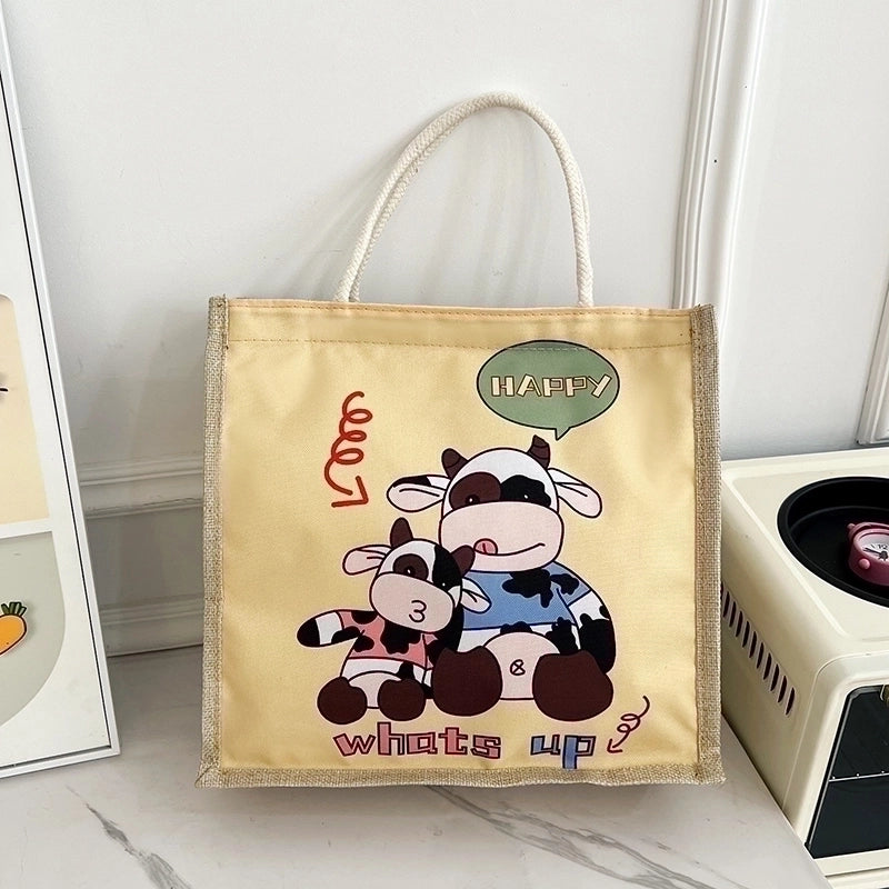 Women's Linen Animal Cartoon Classic Style Sewing Thread Square Zipper Handbag