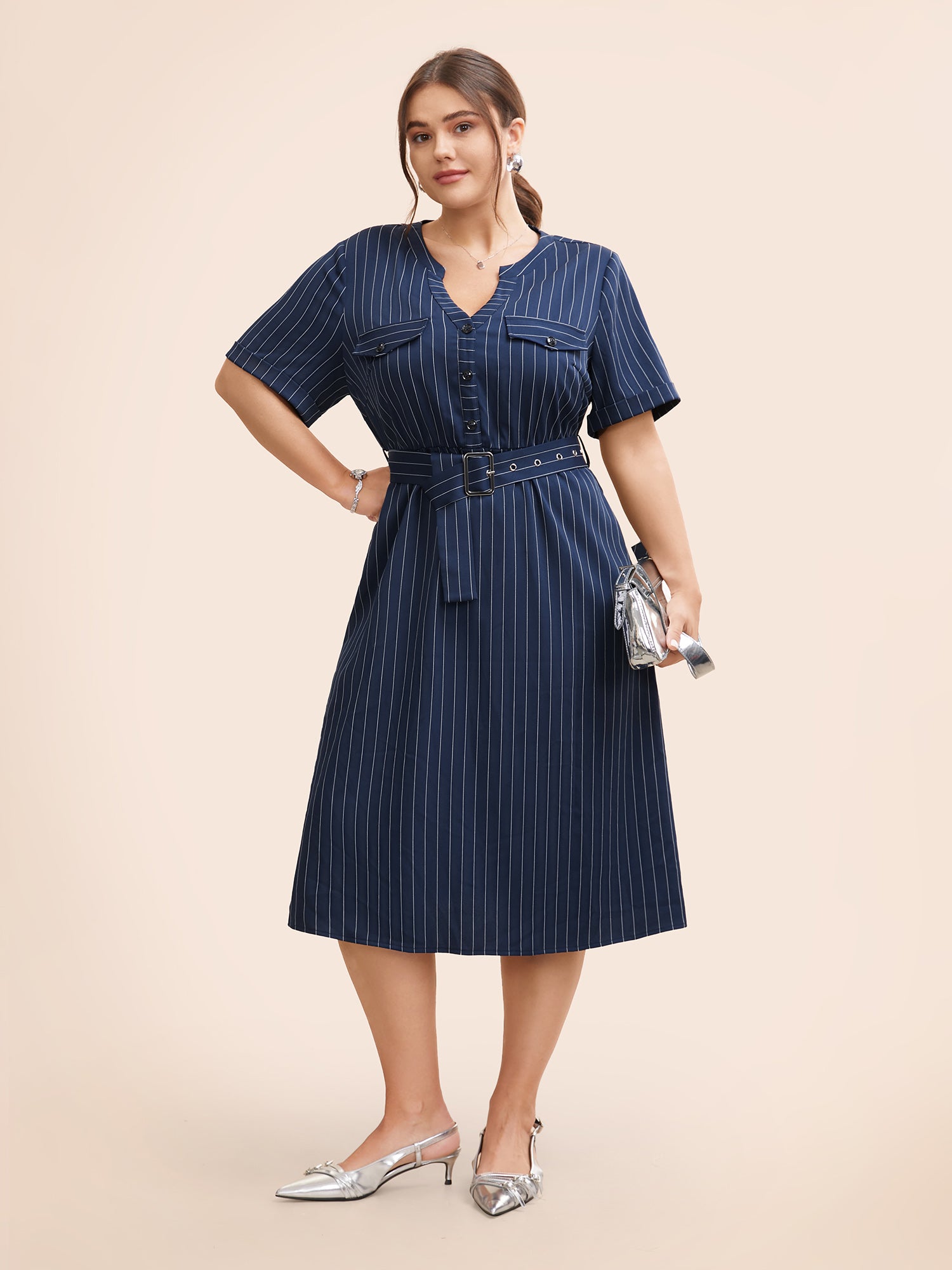 Striped Notched Button Detail Belted Dress