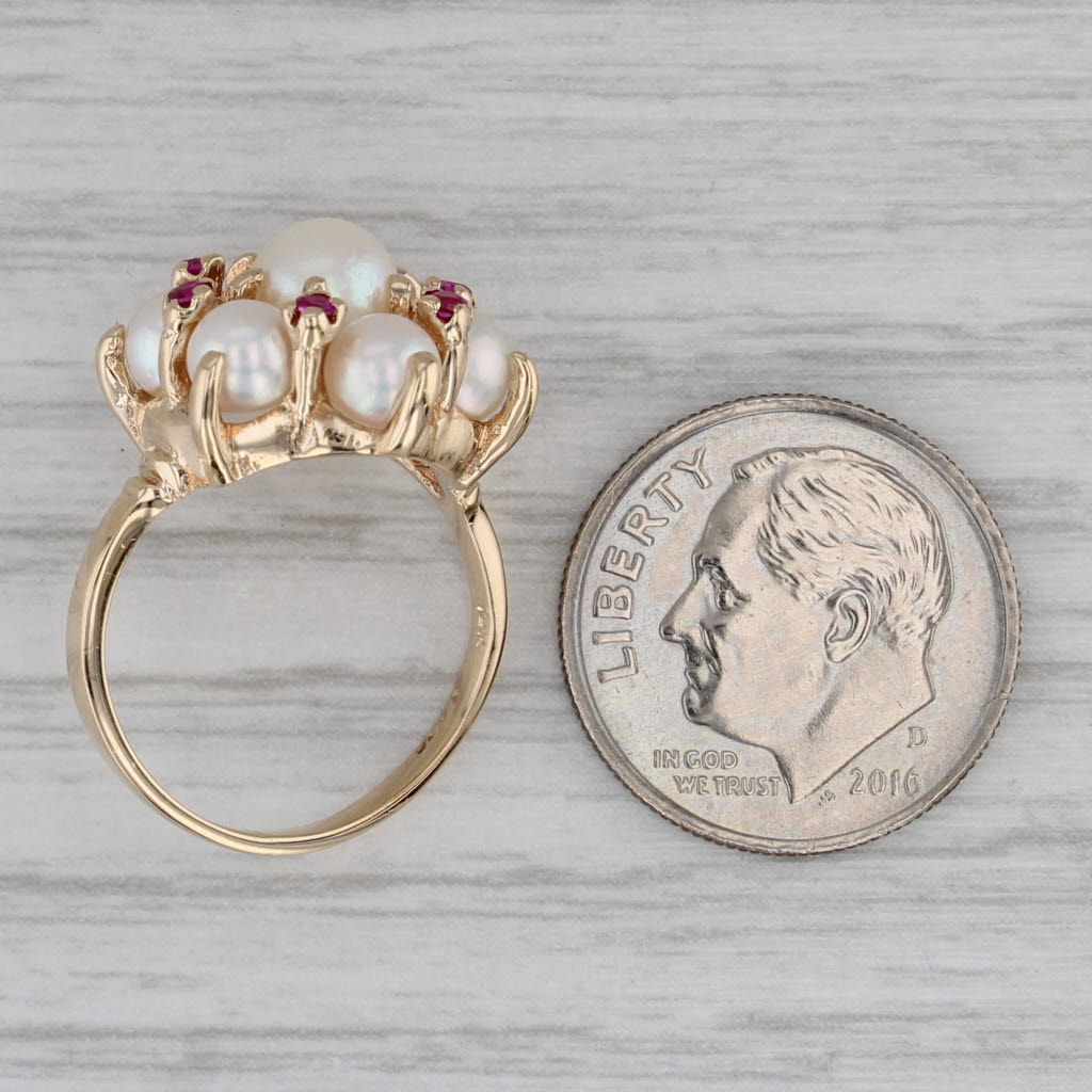 Cultured Pearl Lab Created Ruby Cluster Ring 14k Yellow Gold Size 5