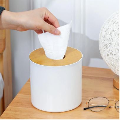 Wooden Cover Plastic Tissue Holder. Anti-Slid Base Wide Opening Tissue Organizer Box (White Color)