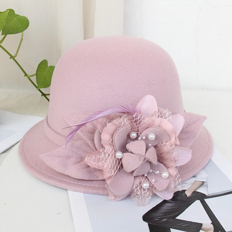 Fisherman Hat Female British Retro Feather Flower Wool Hat  Elegant Socialite Felt Hat Basin Hat