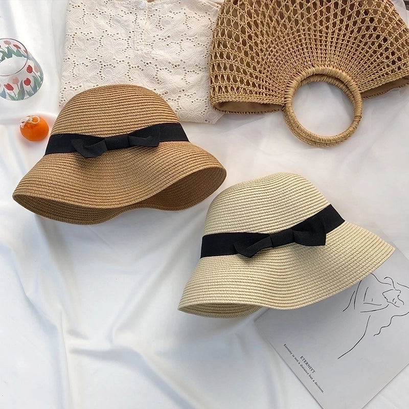 Women's Pastoral Solid Color Bowknot Wide Eaves Straw Hat