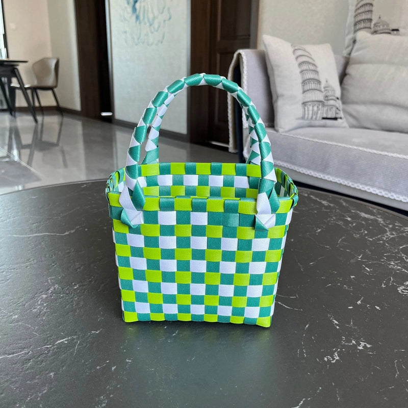 Women's PVC Color Block Plaid Vacation Weave Square Open Square Bag