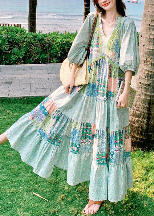 Bohemian Blue Print Side Open Patchwork Cotton Maxi Dresses Half Sleeve