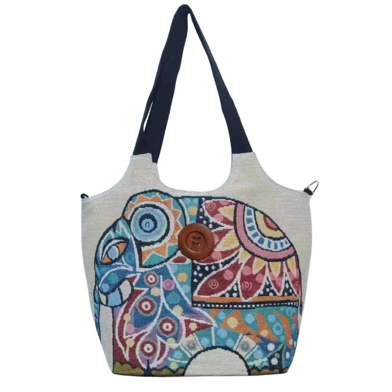 Women's Large Canvas Elephant Ethnic Style Square Zipper Shoulder Bag