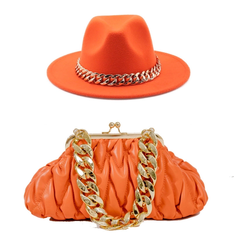 Women's British Style Solid Color Chain Flat Eaves Fedora Hat