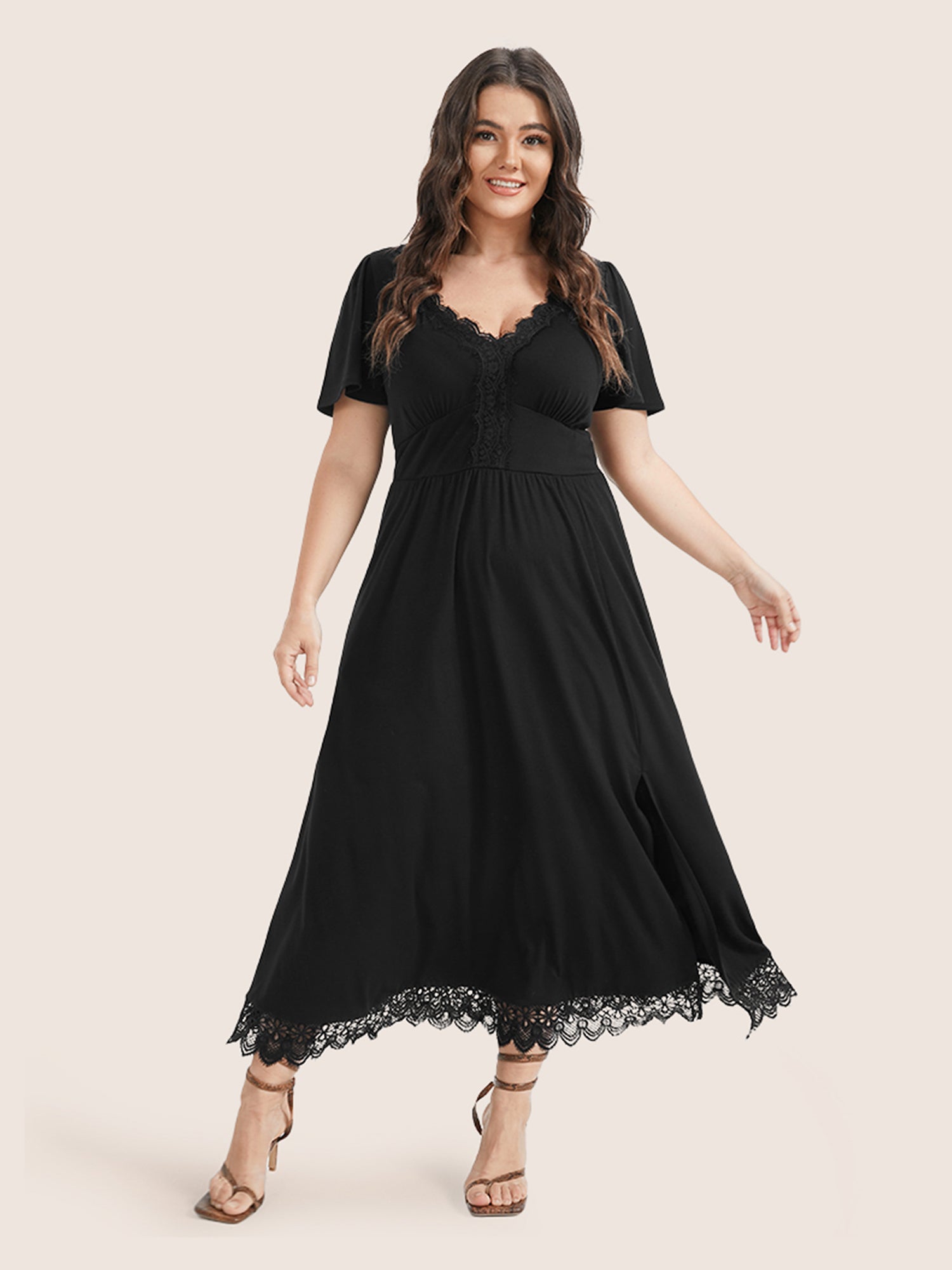 Solid Pocket Contrast Lace Split Maxi Dress