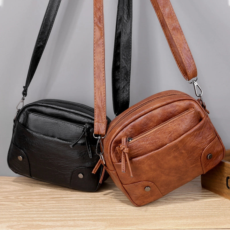 Soft Leather Small Bag Women's New Fashionable Simple Retro Mobile Phone Bag Multi-Layer Travel Fashionable Crossbody Small Square Bag