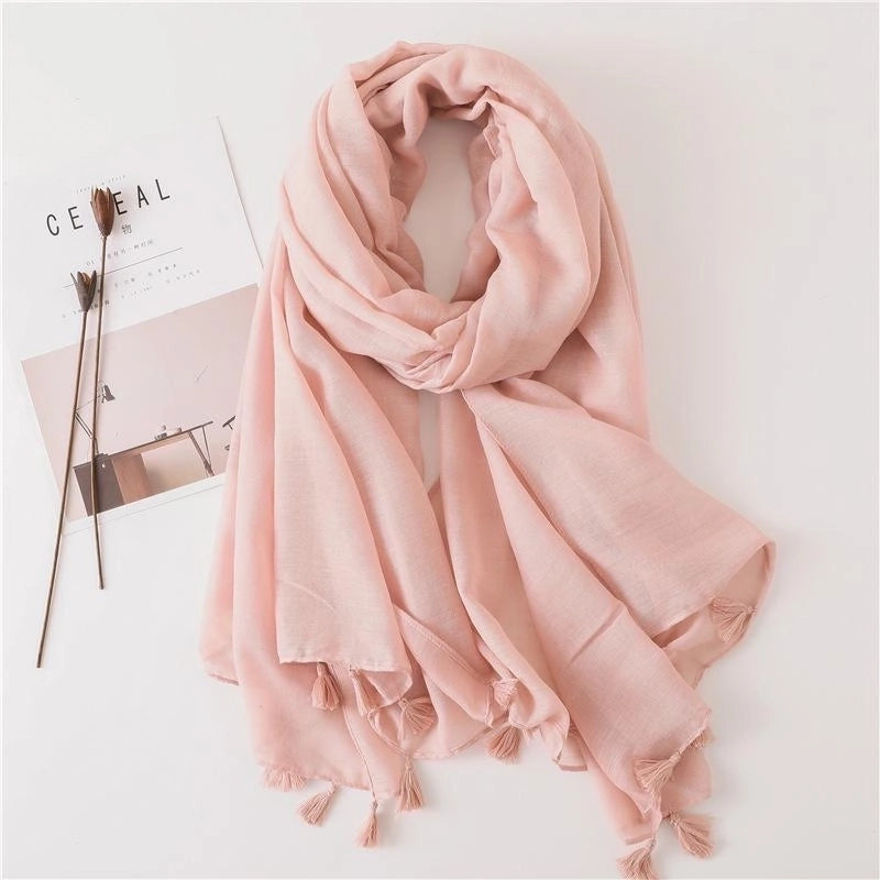 Solid Color Nude Powder Shiny Tassel Cotton Linen Scarf Shawl Long Scarf Silk Sunscreen Shawl