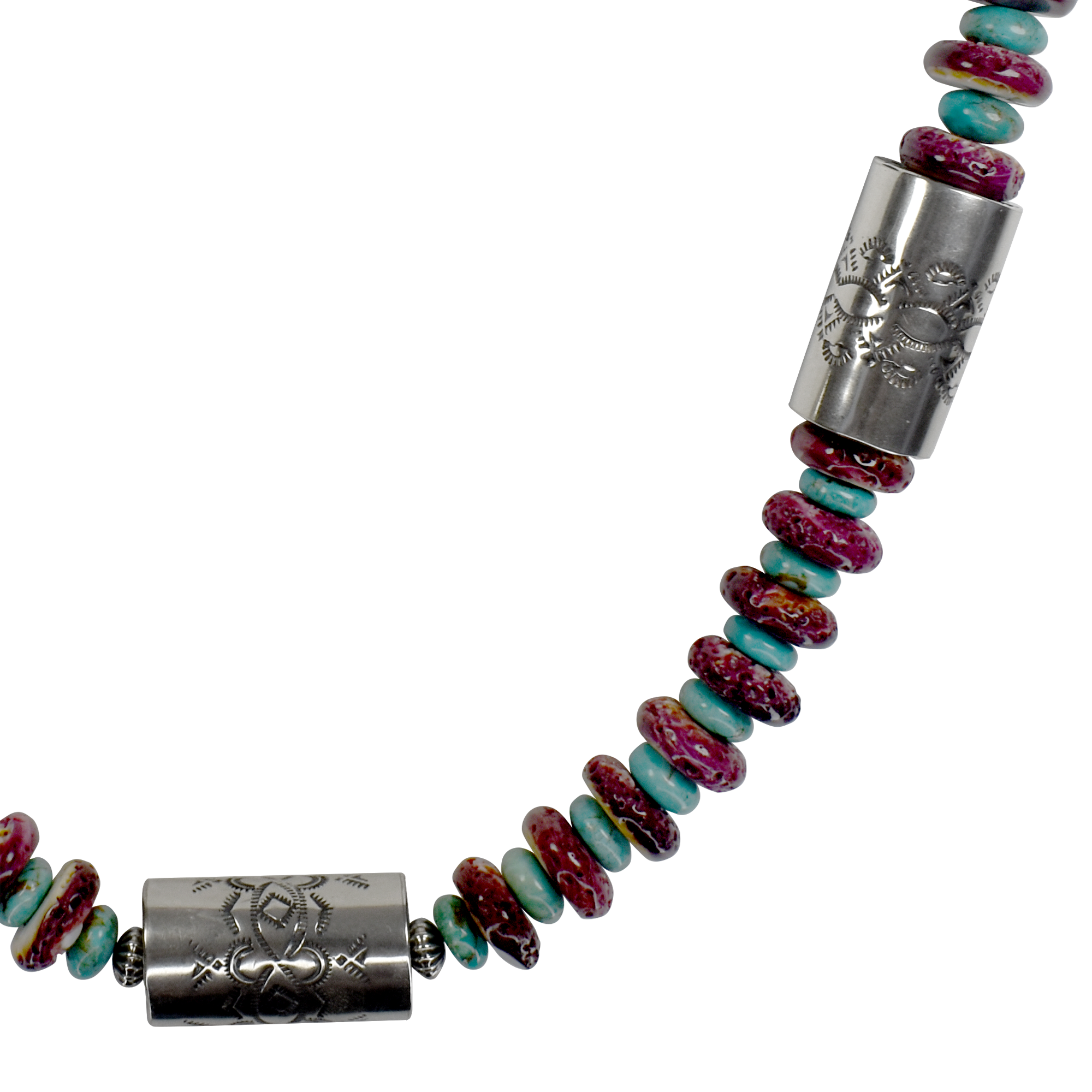 Purple Spiny Oyster. and Stamped Barrel Bead Necklace