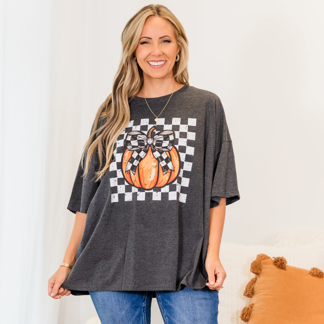 Checkered Pumpkin Boyfriend Tee. Charcoal