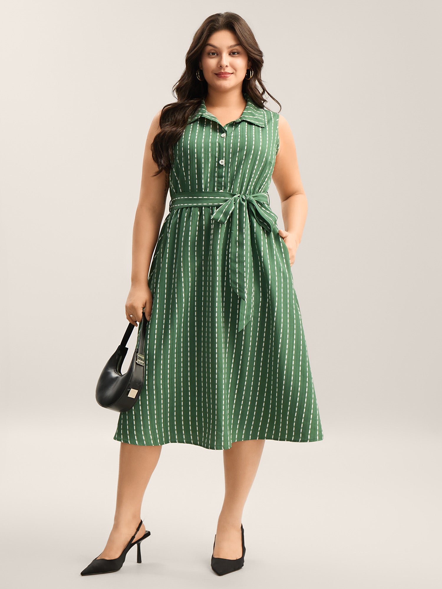 Breezy Stripes Belted Pockets Midi Dress