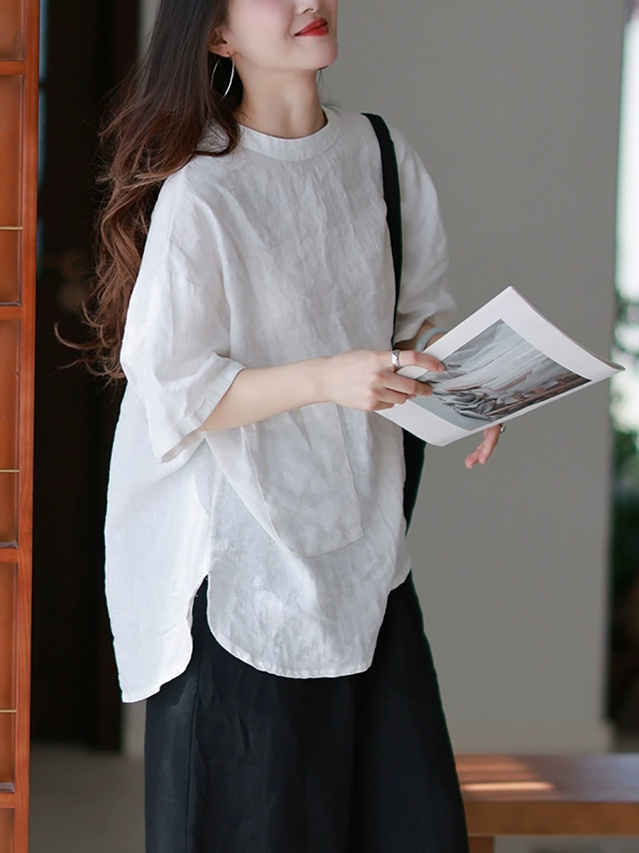 Women Summer Artsy Pure Color 100%Linen O-Neck Shirt