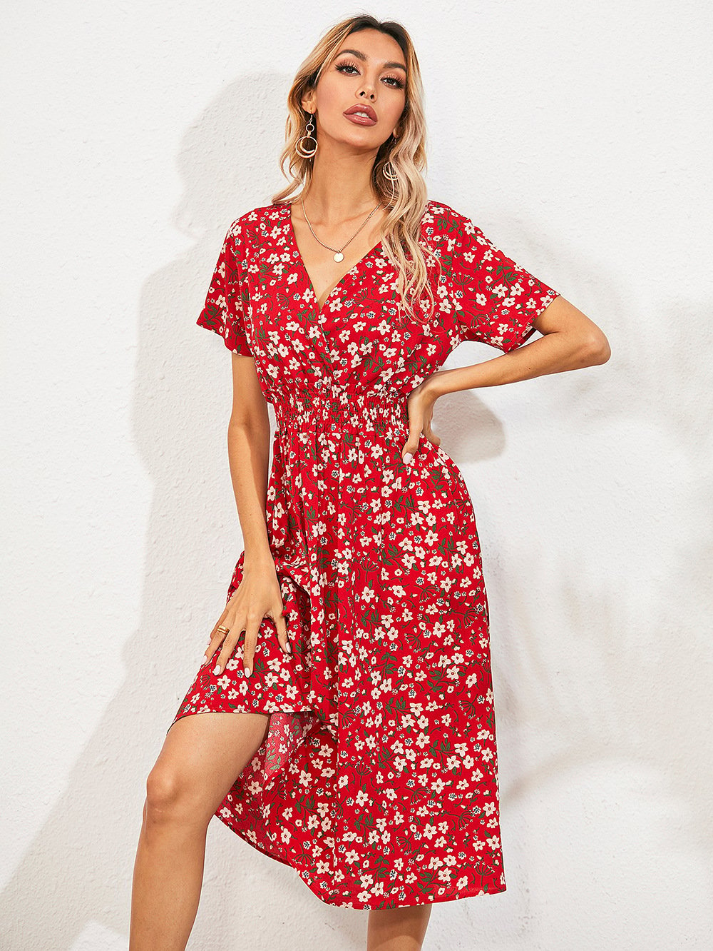 Women V-neck floral print short-sleeved dress