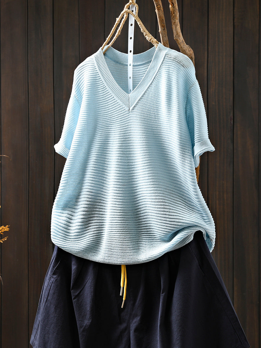 Women Summer Casual Linen Knitted V-Neck Shirt