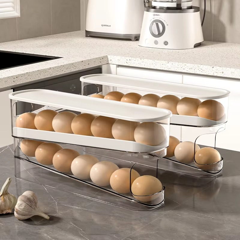 Wholesale 2 Tier Kitchen Automatic Rolling Egg Rack Storage Container Plastic Egg Tray Dispenser