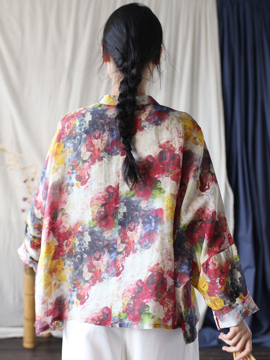 Women Summer Ethnic Flower Ramie Shirt Coat
